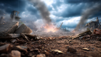 Ruined Cityscape Under Dramatic Stormy Skies With Smoke And Debris