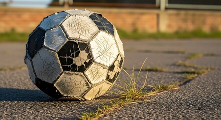 Worn Soccer Ball on Asphalt - A Symbol of Play and Resilience.