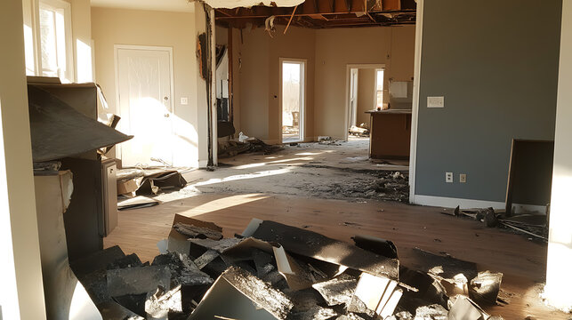 Devastated Home Interior: aftermath of a fire, showcasing extensive damage and destruction. Reconstruction needed. Restore the home to its former glory.