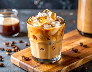 Refreshing Iced Coffee with Ice Cubes on a Wooden Board
