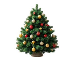 Festive Christmas tree decoration with red and gold ornament ball and star for happy holiday celebration. traditional evergreen plant for joyful season isolated background