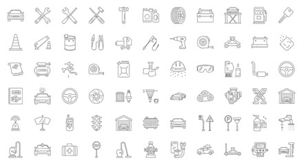 Fototapeta premium Car repair service auto mechanic tools and equipment line icons