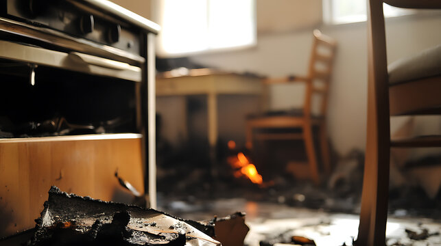 Aftermath of a fire, showing a damaged kitchen. Charred debris litters the floor near an oven, indicating significant damage to the residence.
