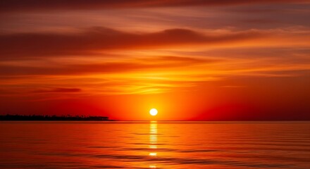 Dramatic Orange Sunset Over Tranquil Sea Horizon Sun Rays Warm Sky Serenity