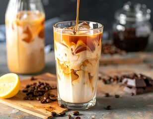 Iced Coffee Swirl A Refreshing Blend of Coffee, Milk, and Ice on Wood with Beans and Chocolate