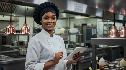 Realistic Commercial Kitchen Chef Woman Using Tablet