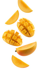 Fototapeta premium Fresh Mango Slices and Cubes isolated on a transparent background