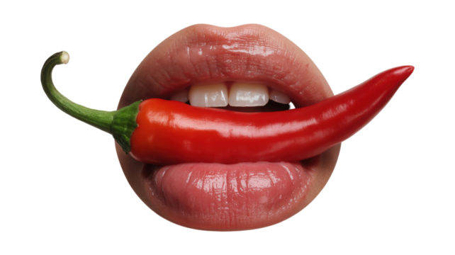 Glossy Red Lips Holding Chili Pepper isolated on a transparent background