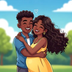 Joyful Embrace - A Pregnant Couples Love in Cartoon Style.