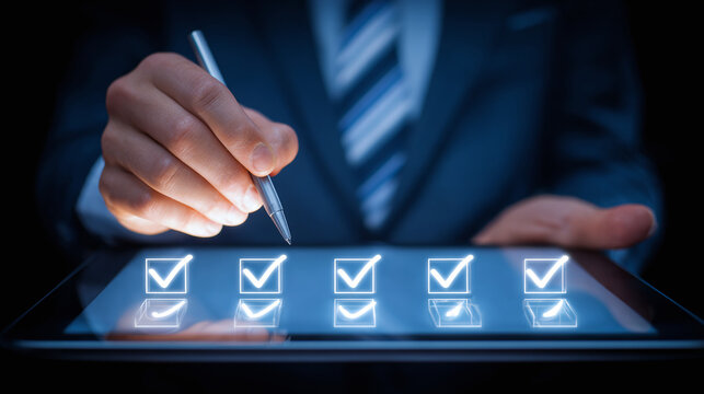 Digital checklist: Man completing tasks on a tablet with checkmarks. The modern way to stay organized and efficient with digital to-do list.