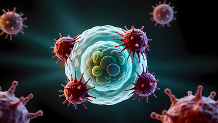 Immune system: Virus attack on a cell. Virus-lymphocyte interaction.