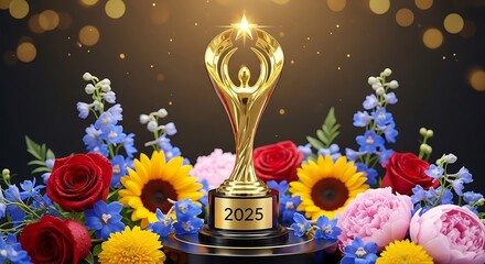 Golden Trophy Award for 2025 Achievement with Floral Display.