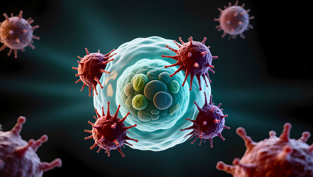 Immune system: Virus attack on a cell. Virus-lymphocyte interaction.