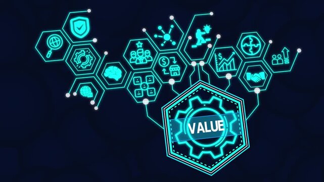 VALUE Concept Illustration Depicting Business Worth, Customer Satisfaction, Strategic Benefits, Quality Delivery, Profit Generation, and Sustainable Growth for Success.