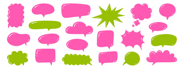 Crayon speech bubble set. Chat talk boxes. Chalk colorful frames. Kid doodle pencil drawing, dialogue balloon, clouds silhouette. Thought elements on white background. Vector illustration