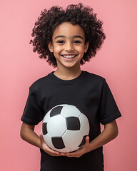 Happy child holding soccer ball on pink background