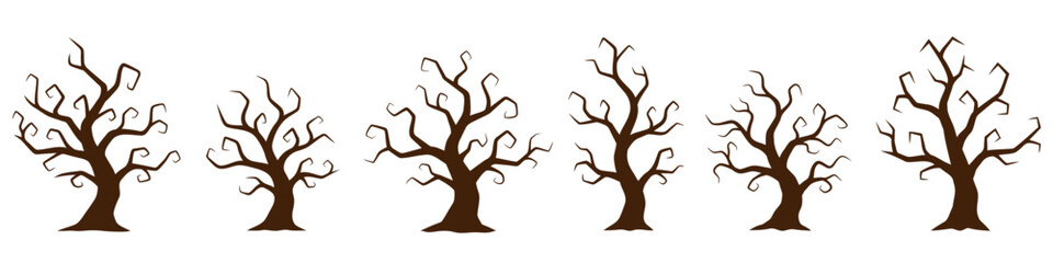 Colored spooky trees. Leafless tree icons isolated on white background. Vector illustration.