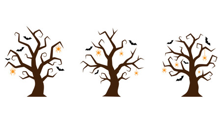 Colored spooky trees with spiders and bats. Tree icons isolated on white background. Vector illustration.