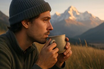 Close-up of a digital nomad sipping tea from a ceramic mug with soft morning light.