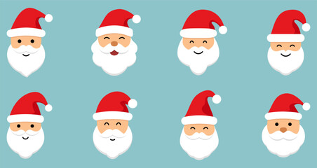 Colored Santa Claus faces. Santa Claus icons isolated on blue background. Vector illustration.