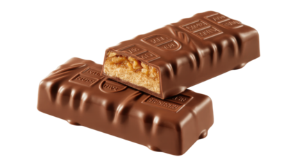 Two chocolate bars with nougat and peanuts isolated on a transparent background