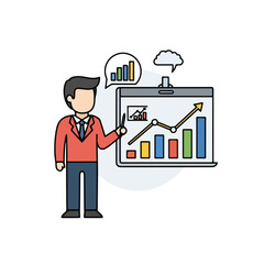Checkout retail performance illustration with man in suit pointing to graph. Checkout retail concept shown on whiteboard with growing graph and thought bubble,