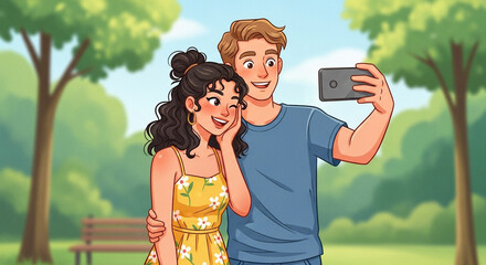 Happy young couple taking a selfie in the park, capturing a moment of joy and connection amidst the greenery and sunshine, smiling