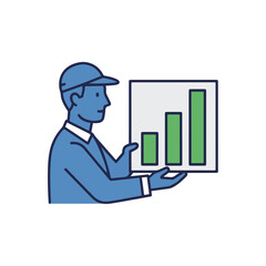 Man presenting bar graph as illustration showing performance growth. Depicting bar graph illustration with upward trend, this design is ideal for communicating achievements.