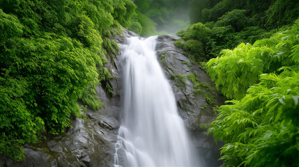 Fototapeta premium Scenic waterfall cascading through lush green forest, representing natural beauty, freshness, and travel inspiration with copy space.