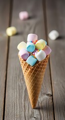 Colorful Marshmallow Cone Delight on Rustic Wood Surface.