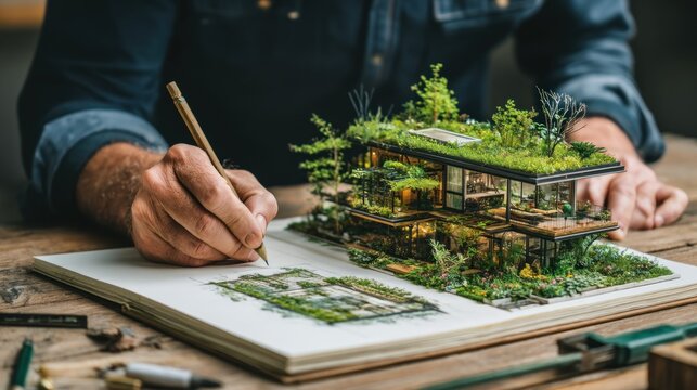 A meticulous architectural model of a sustainable, multi-story building, complete with lush greenery, rests on a sketchpad, alongside the 's hand holding a pencil.