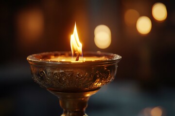 Golden candle flame burning in an ornate holder, illuminating with spiritual light and hope against a bokeh background