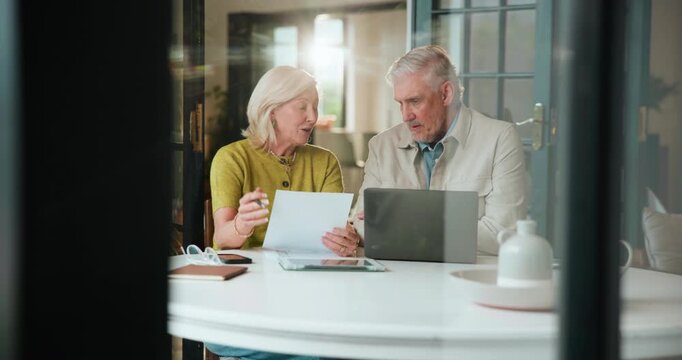 Finance, laptop or senior couple with paperwork in home for planning bills, banking update or taxes. Retirement, tech or old people with discussion for financial statement or problem solving expenses