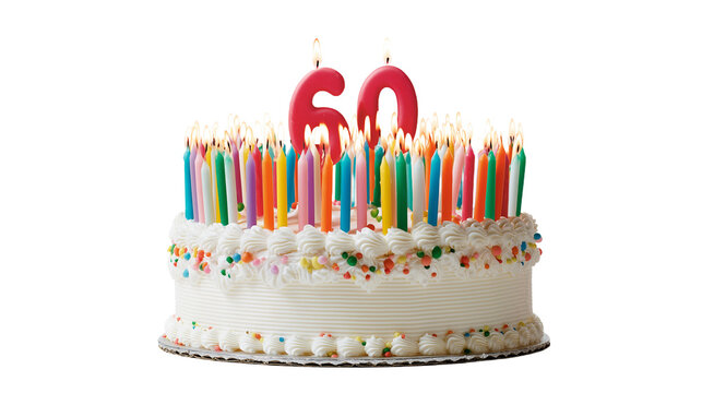 Vibrant birthday cake adorned with dozens of colorful candles and prominent "60" numeral candles ready for celebration