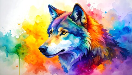 A majestic wolf rendered in vibrant watercolor hues, exuding a rainbow effect against a colorful, abstract backdrop