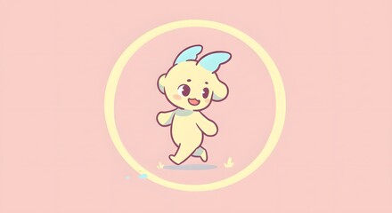 Cartoon character with blue horns in a yellow circle on a pink background.