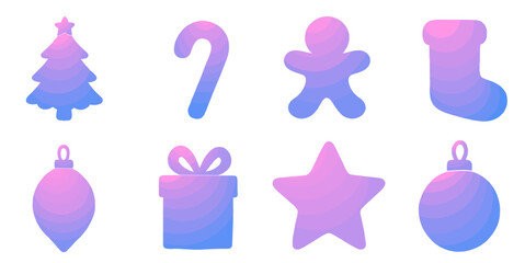 gradient christmas icons set featuring tree, candy cane, gingerbread man, stocking, ornament, gift box, and star