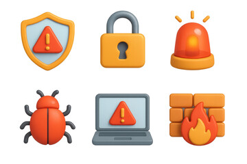 Security Alert Icons. Security escalation set of icons in 3D color style: shield with alert, padlock, siren light, firewall, bug icon, laptop with