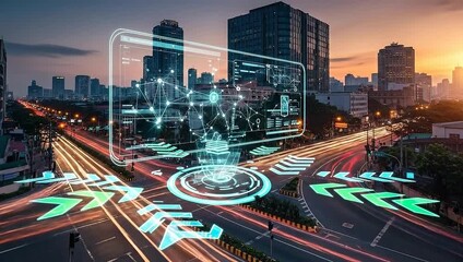 A digital representation of a city's infrastructure is overlaid on a city street at dusk - Powered by Adobe