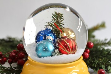 Enchanting Christmas Snow Globe with Vibrant Ornament Decorations Capturing Holiday Magic