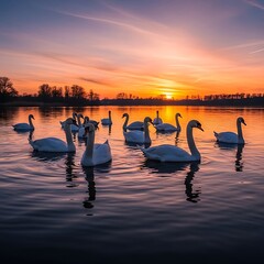 Swans at Sunset - A Serene Lakeside Scene.