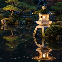 Japanese Garden Lantern Reflection - Serene Evening Illumination.