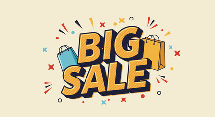 Big Sale graphic with shopping bags and colorful confetti on a beige background.