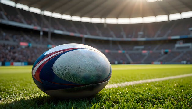 Rugby ball lying on bright grass field in large modern stadium ready for competition or team training, showing daylight reflections and green surface details