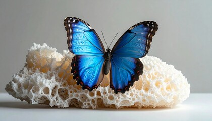 Stunning blue morpho butterfly with delicate wing patterns resting on textured coral reef structure