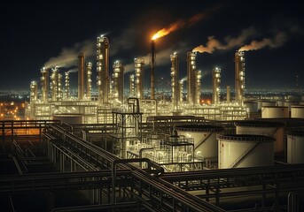 Illuminated Industrial Complex at Night - A Symphony of Light and Smoke.