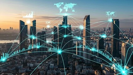 An evening cityscape features interconnected skyscrapers illuminated with glowing lines and data representations - Powered by Adobe