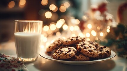 Glass of milk and chocolate chip cookies resting on a plate, awaiting santa claus in a warm, festive setting with blurred christmas lights creating a cozy holiday ambiance