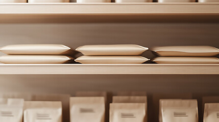 Packages and pouches displayed on a wooden shelf. Simple product arrangement in a store setting. Neutral tones and minimalist aesthetic.