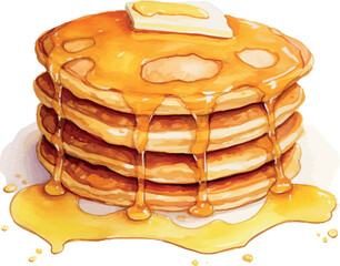 Cozy watercolor depiction of soft golden hotcakes topped with melting butter and dripping honey for breakfast - vector illustration